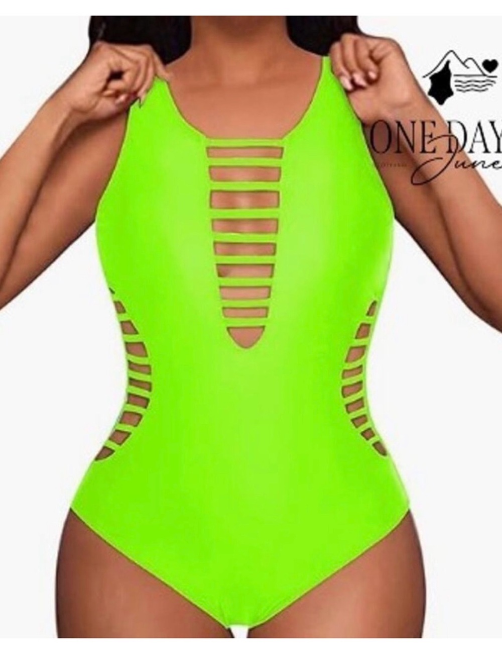 New! Aqua Eve Neon Green Women’s Steamy Feminine One-Piece Cut Out Swimsuit Sz L